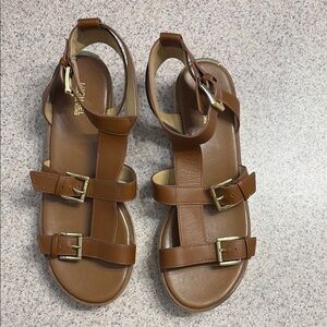 MICHAEL Michael Kors Tan Leather Sandals with Gold Buckles